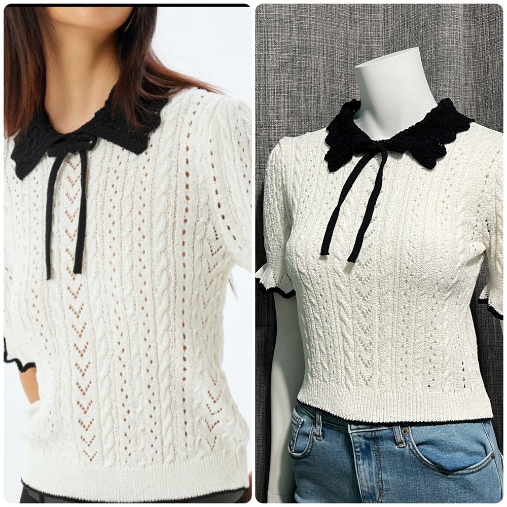 NWOT Kimchi Blue Carlie Pointelle Short Sleeve Sweater Cream Black Small - Picture 2 of 13
